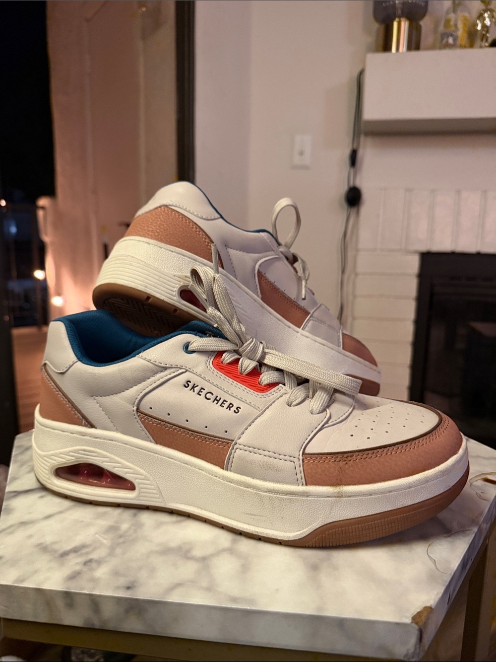 Skechers Men’s White, Rose, and Navy Platform Sneakers
